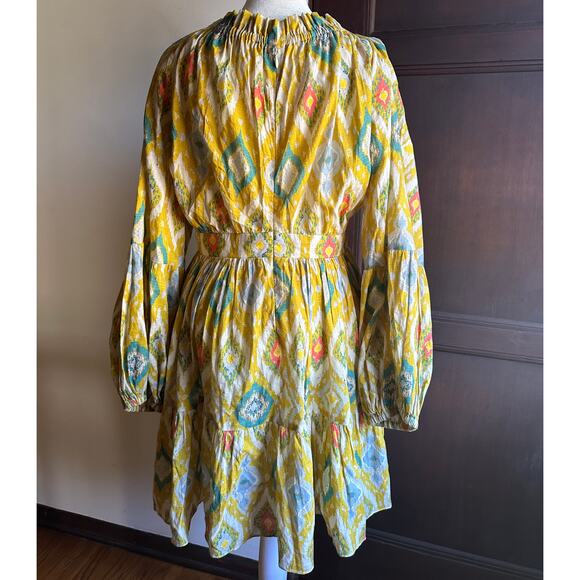 CHARINA SARTE | Yellow Ikat Printed Cotton Mini Dress Puff Sleeve | Size Medium - Picture 7 of 9